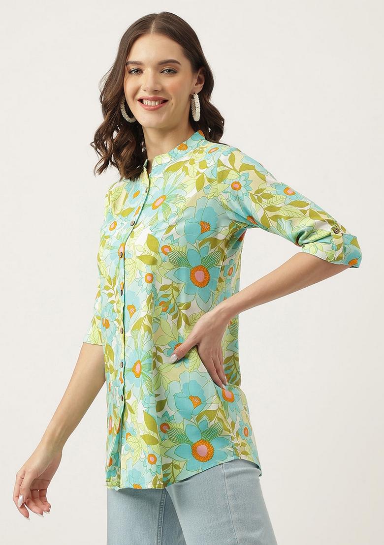 Light Green Floral Cotton Top - Indya