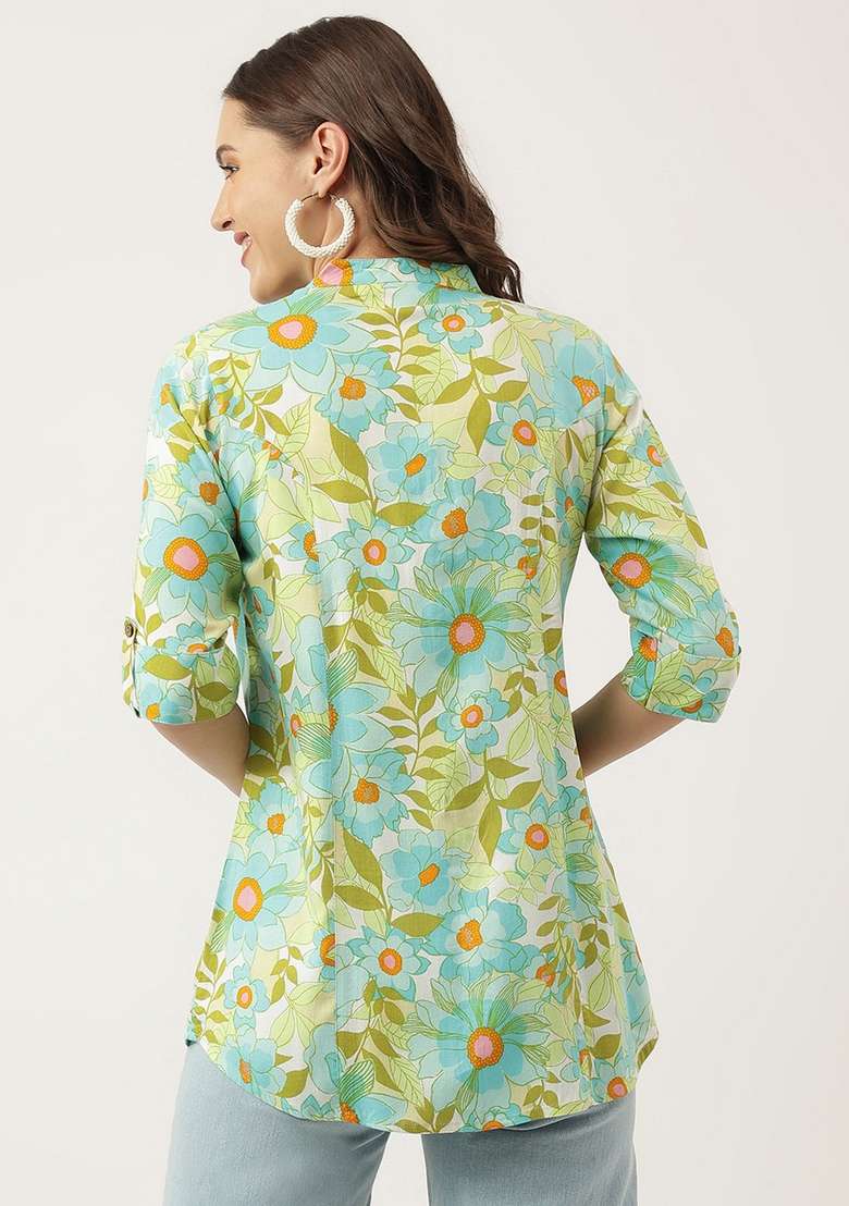 Light Green Floral Print Cotton Kurta - Indya
