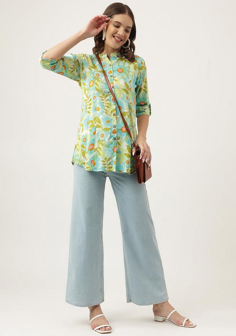 Light Green Floral Cotton Top - Indya