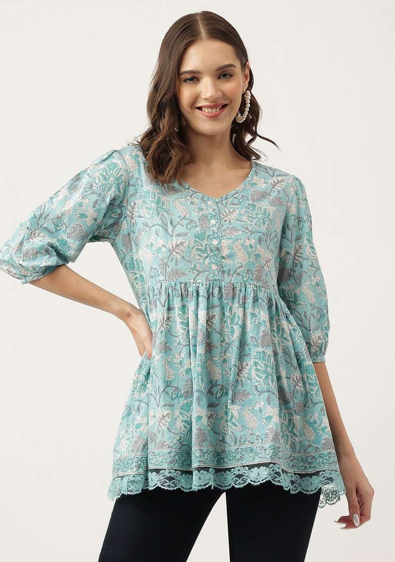 Light Blue Floral Print Cotton Kurta - Indya