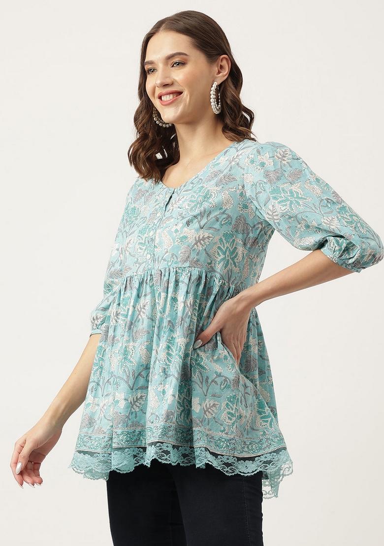 Light Blue Floral Cotton Top - Indya