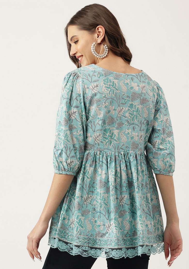 Light Blue Floral Print Cotton Kurta - Indya