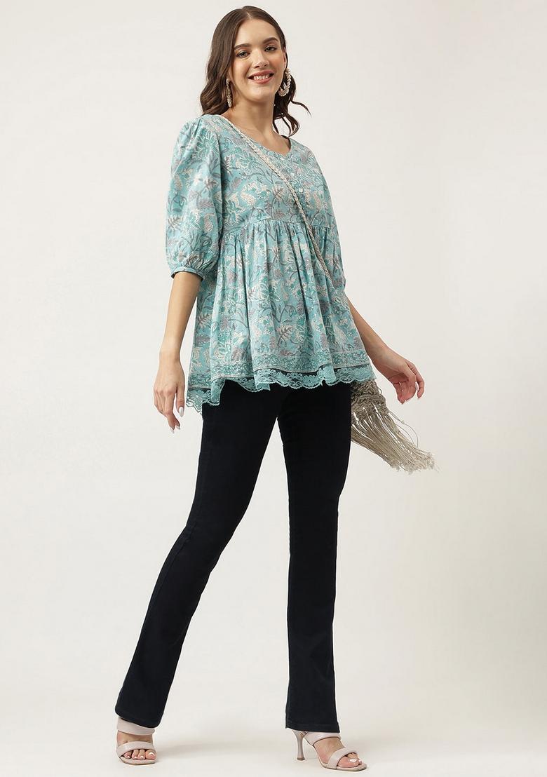 Light Blue Floral Cotton Top - Indya