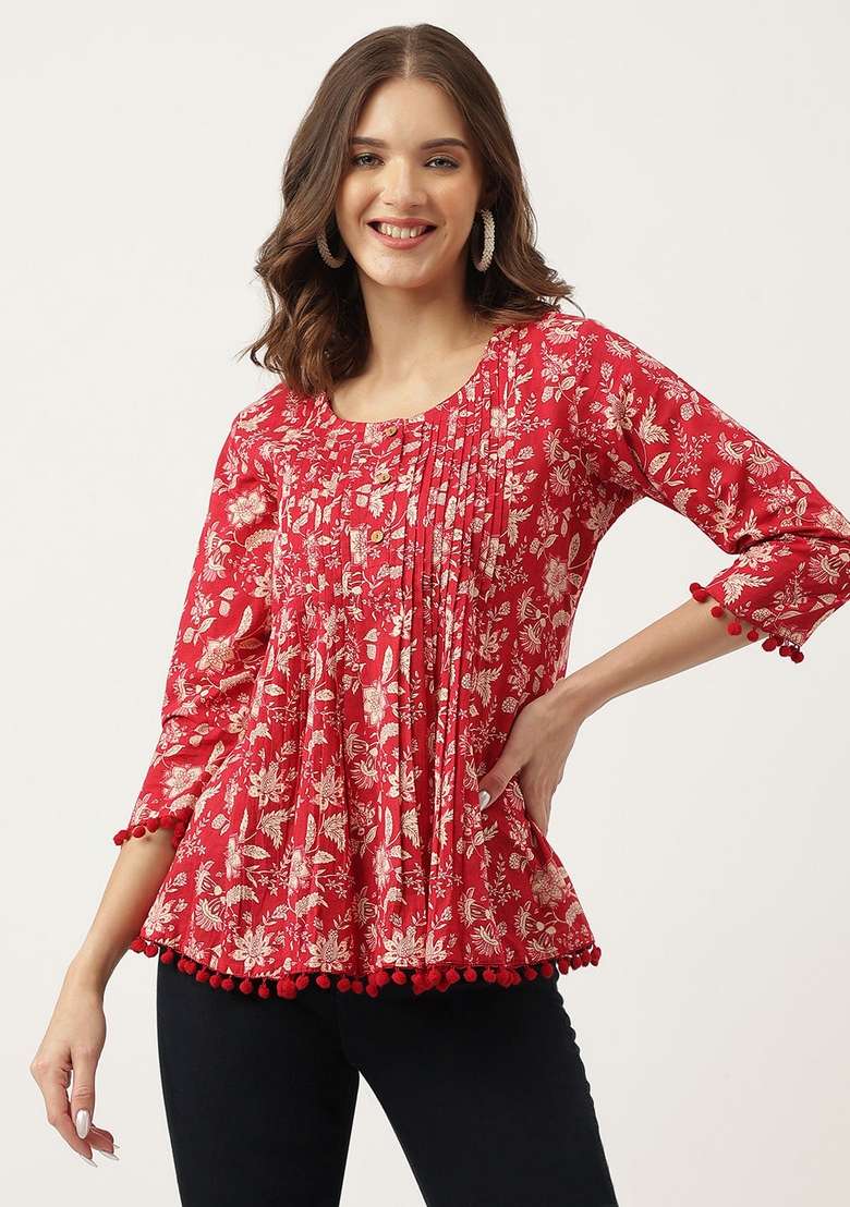 Red Floral Print Cotton Kurta - Indya