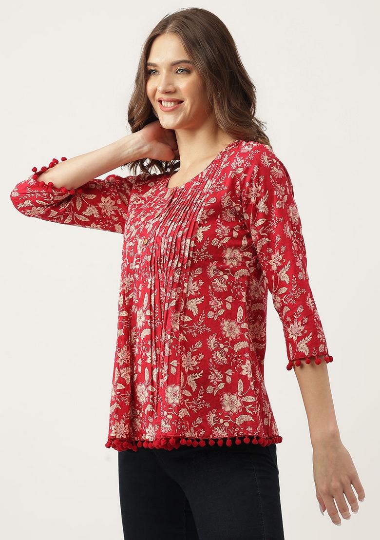 Red Floral Cotton Top - Indya