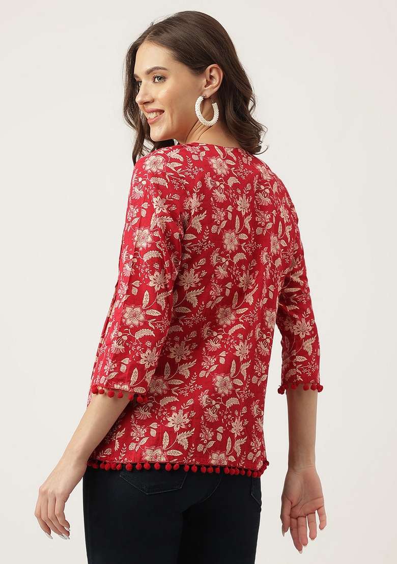 Red Floral Print Cotton Kurta - Indya