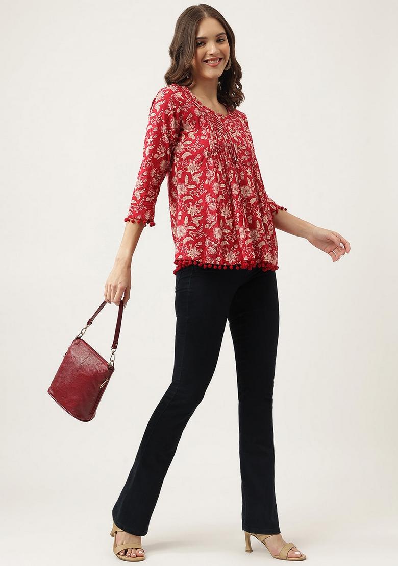 Red Floral Cotton Top - Indya