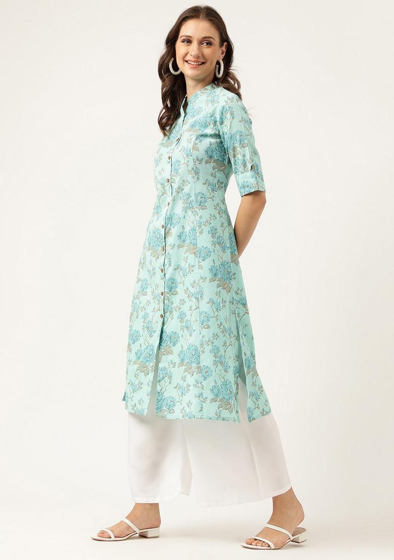Sea Green Floral Cotton Kurta Set - Indya