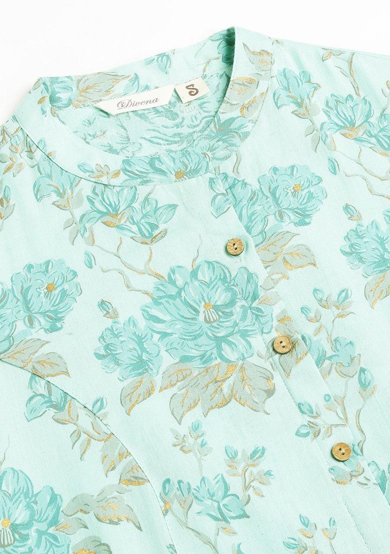 Sea Green Floral Cotton Kurta Set - Indya