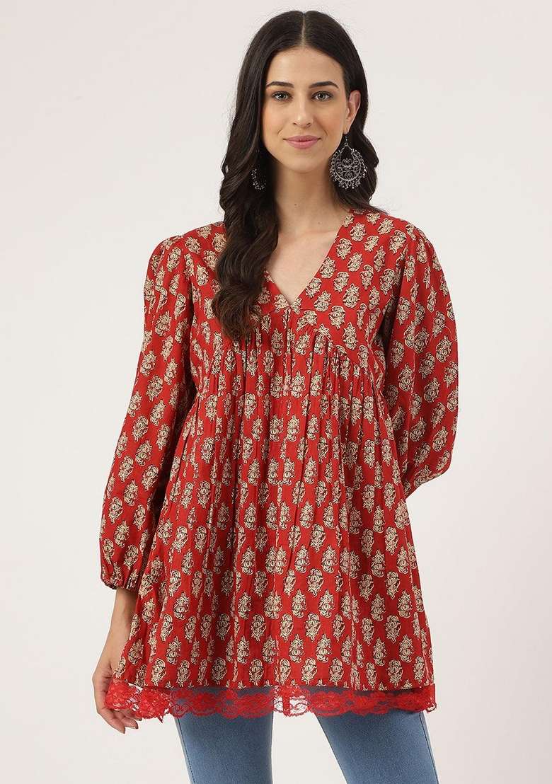Red Printed Cotton Kurta - Indya