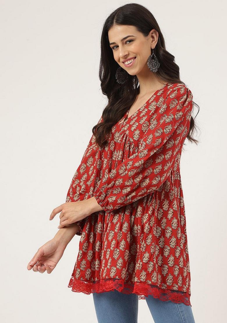 Red Printed Cotton Top - Indya