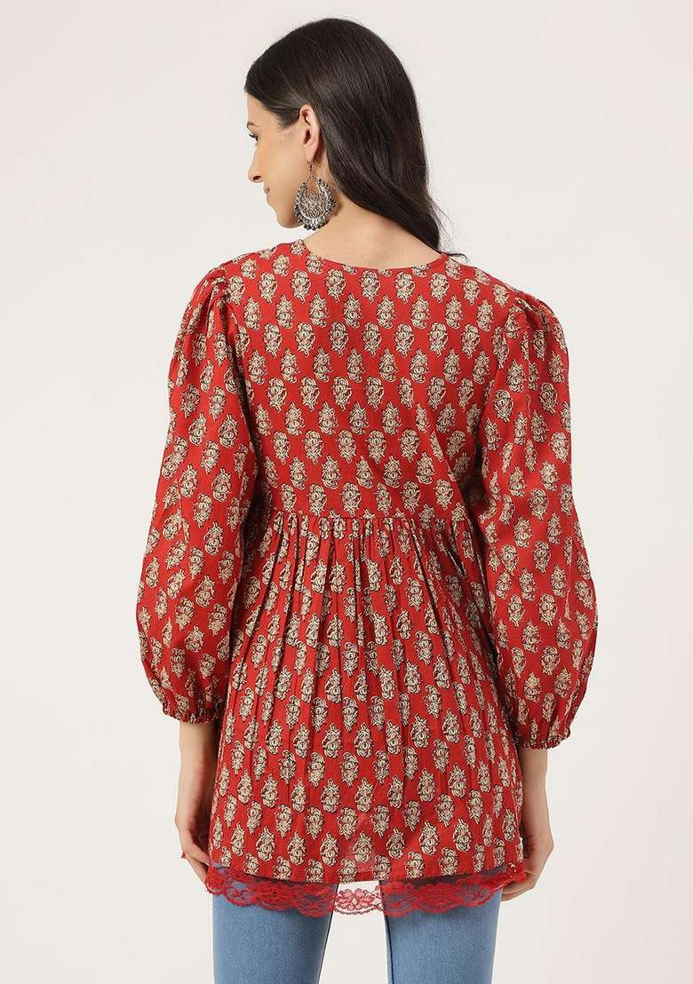 Red Printed Cotton Kurta - Indya