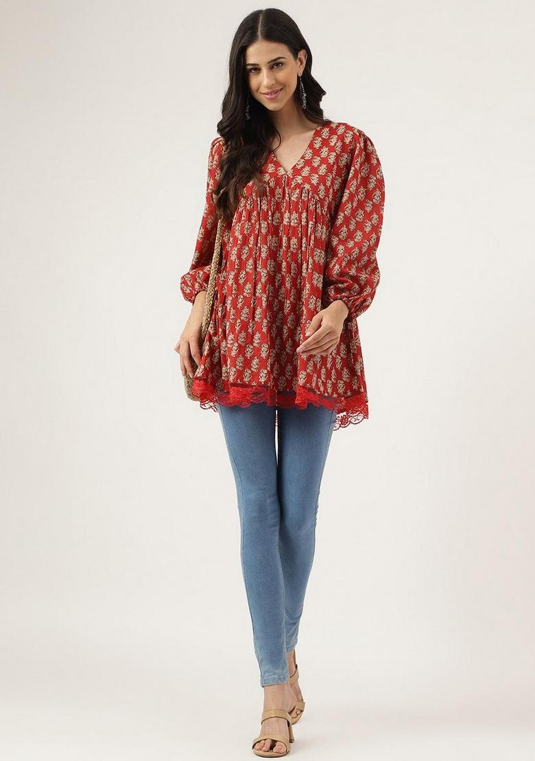 Red Printed Cotton Top - Indya