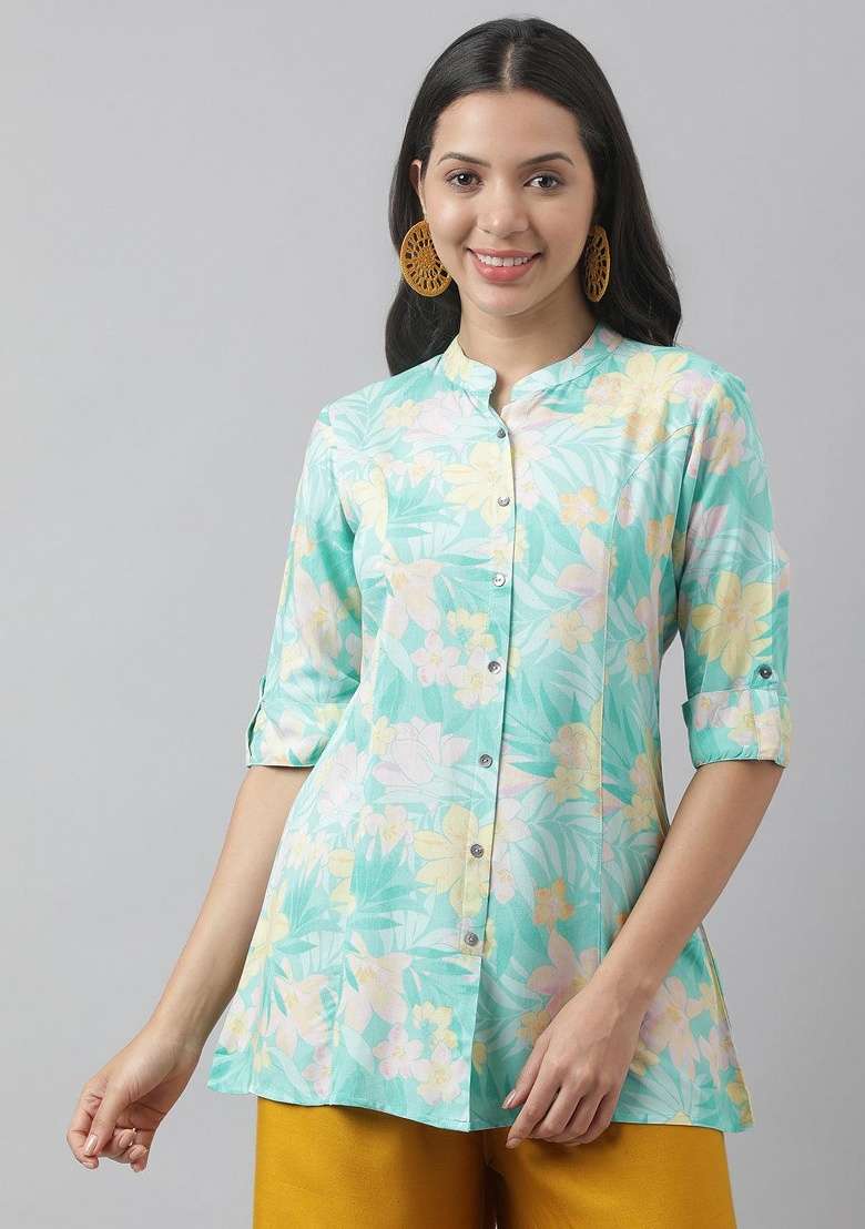 Sea Green Floral Print Cotton Kurta - Indya