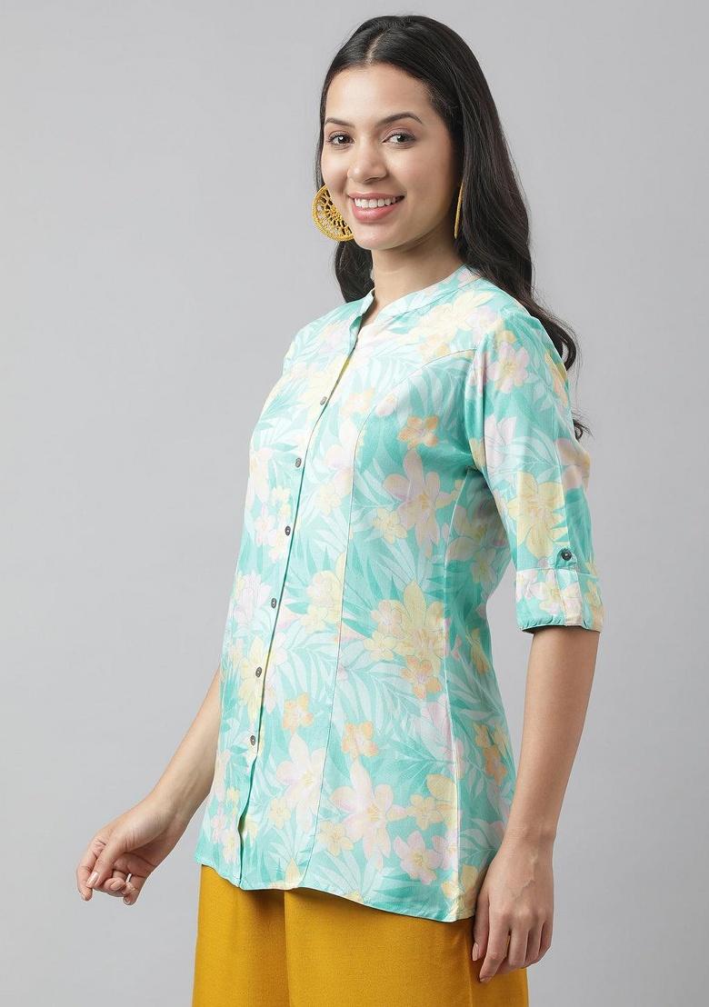Sea Green Floral Cotton Top - Indya