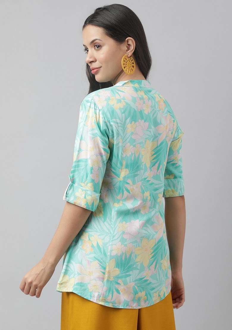 Sea Green Floral Print Cotton Kurta - Indya