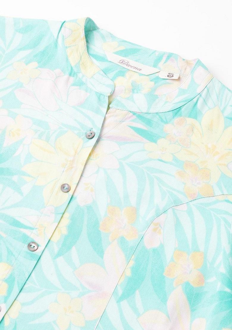 Sea Green Floral Cotton Top - Indya