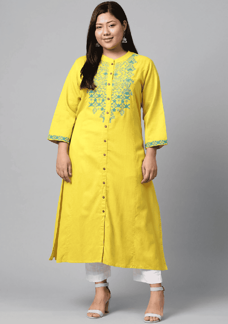 Yellow Embroidery Cotton Kurta Set - Indya