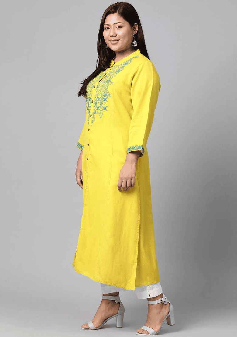 Yellow Embroidery Cotton Kurta Set - Indya