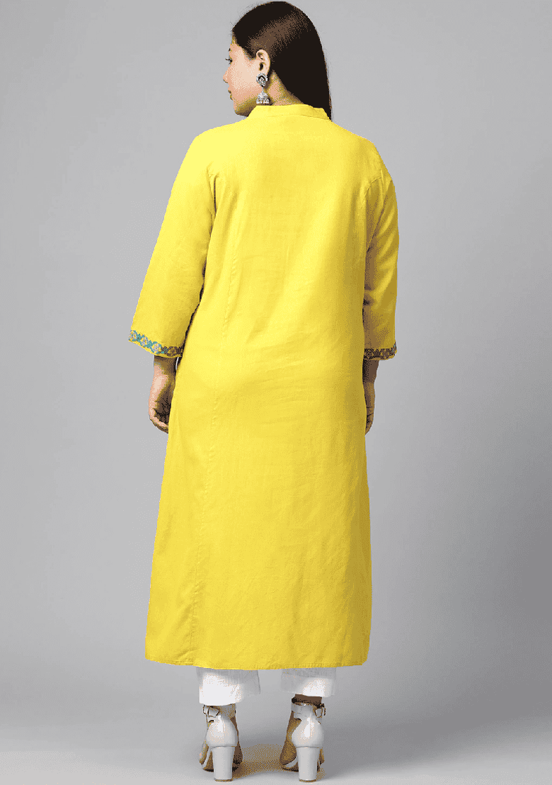 Yellow Embroidery Cotton Kurta Set - Indya