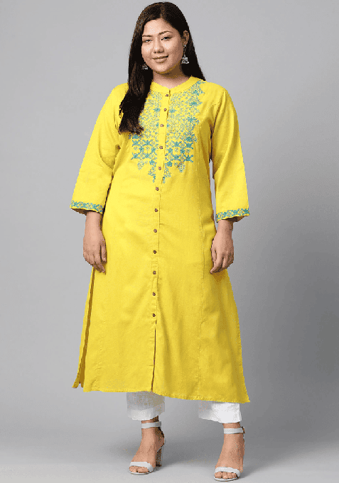 Yellow Embroidery Cotton Kurta Set