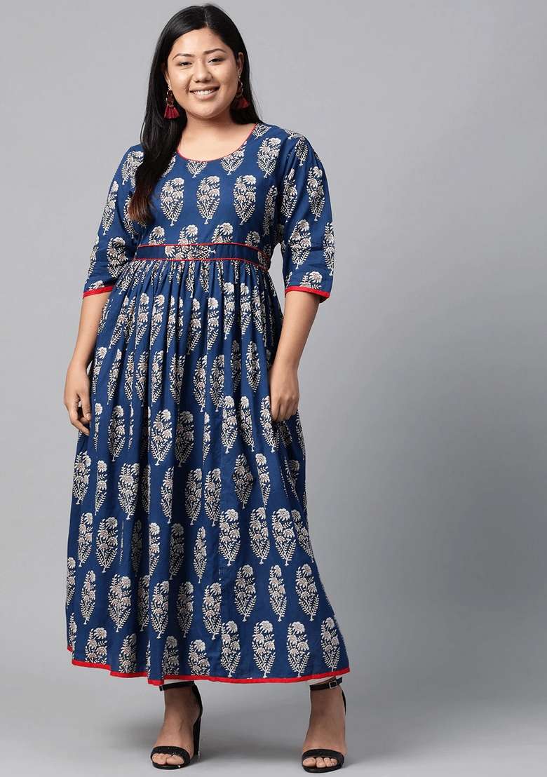 Blue Printed Cotton Gown - Indya