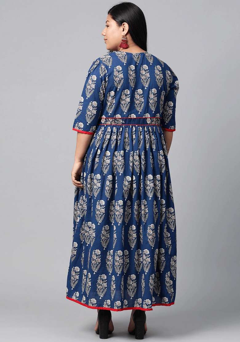 Blue Printed Cotton Gown - Indya