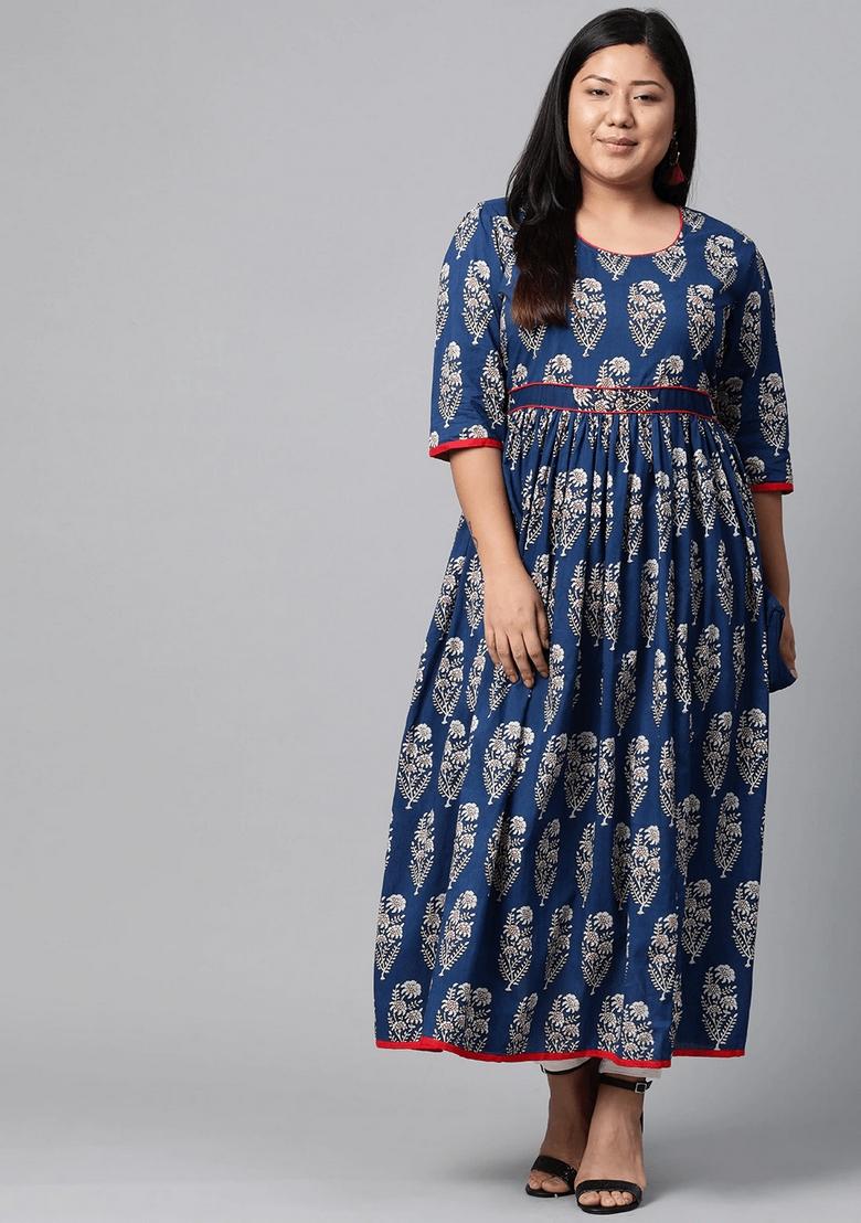 Blue Printed Cotton Anarkali Set - Indya