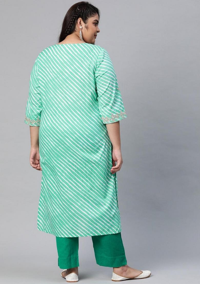 Green Leheriya Cotton Kurta Set - Indya