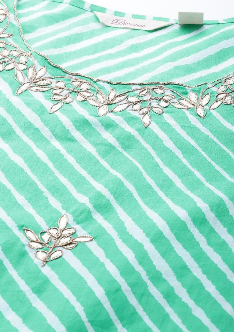 Green Leheriya Cotton Kurta Set - Indya