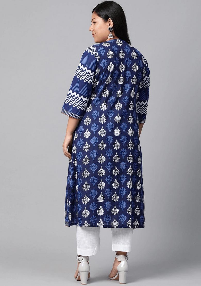 Blue Floral Cotton Kurta Set - Indya