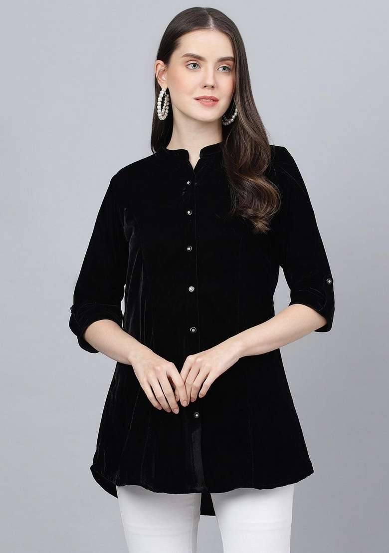 Black Solid Cotton Kurta - Indya