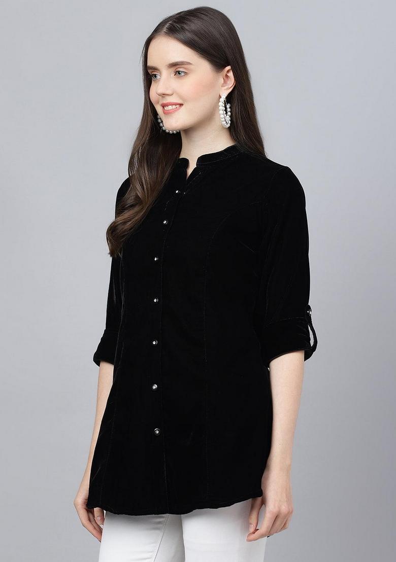 Black Solid Cotton Top - Indya