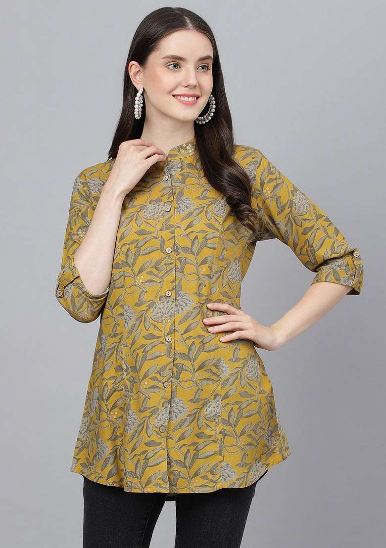 Rust Floral Print Cotton Kurta - Indya