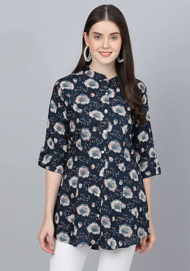 Blue Floral Print Cotton Kurta - Indya