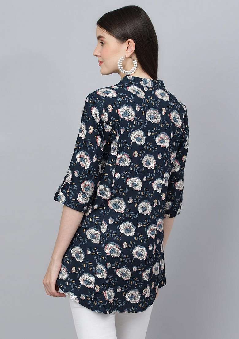 Blue Floral Print Cotton Kurta - Indya