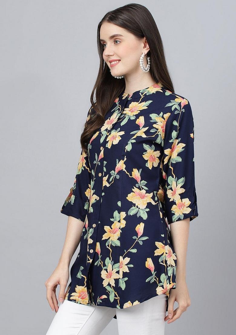 Navy Blue Floral Cotton Top - Indya