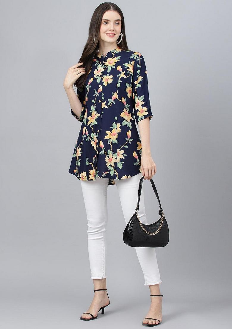 Navy Blue Floral Cotton Top - Indya