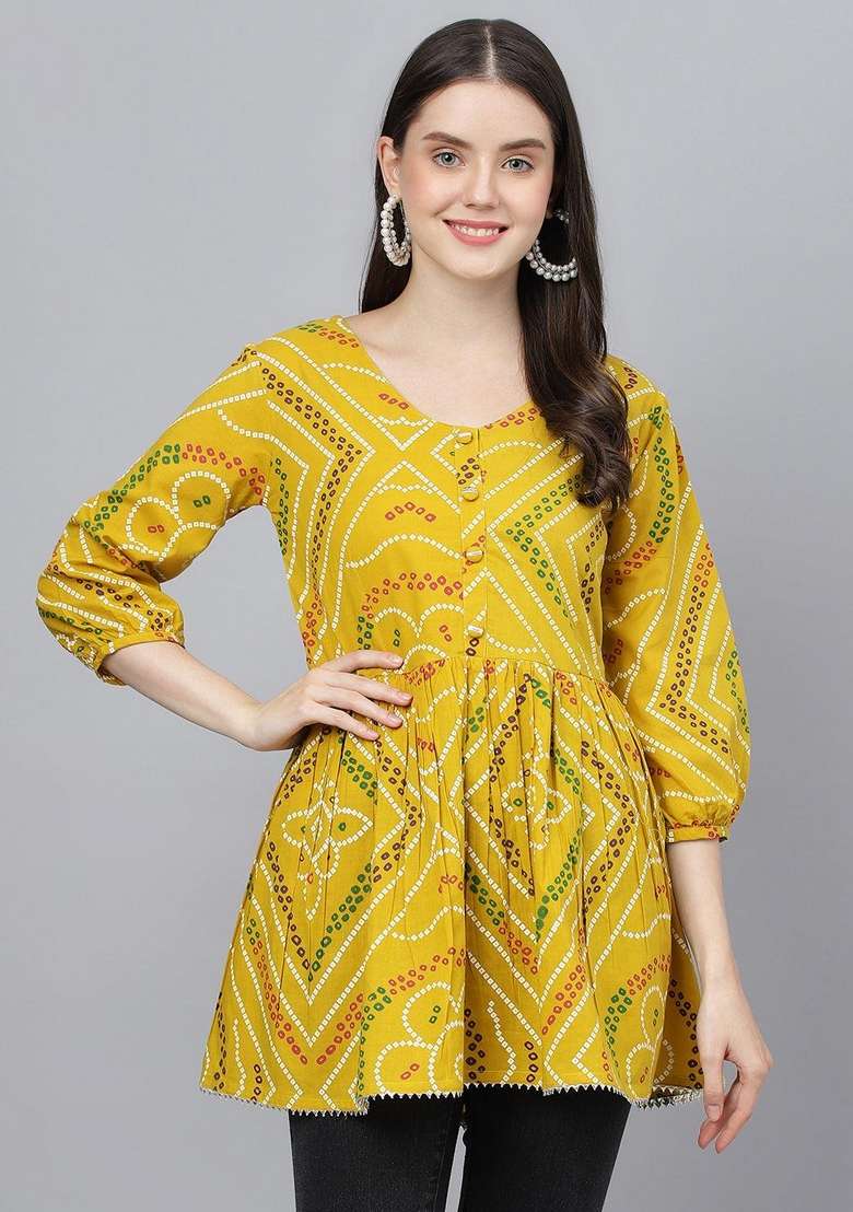 Mustard Bandhani Cotton Kurta - Indya
