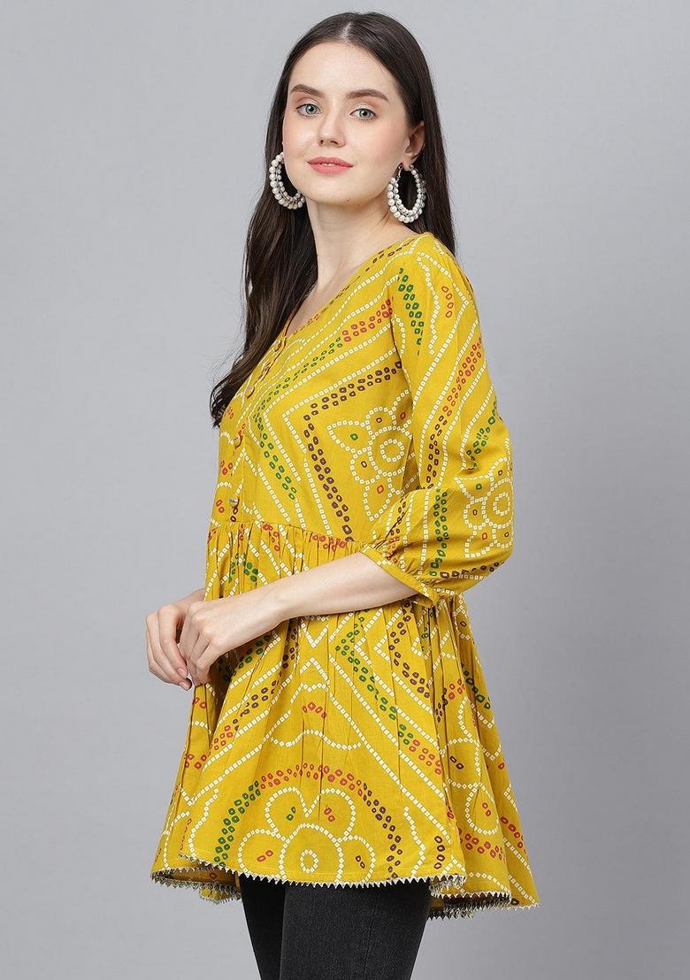 Mustard Â&nbsp;Ethnic Motifs Cotton Top - Indya