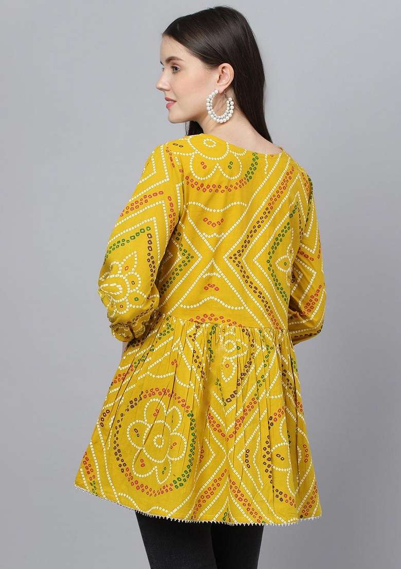 Mustard Bandhani Cotton Kurta - Indya