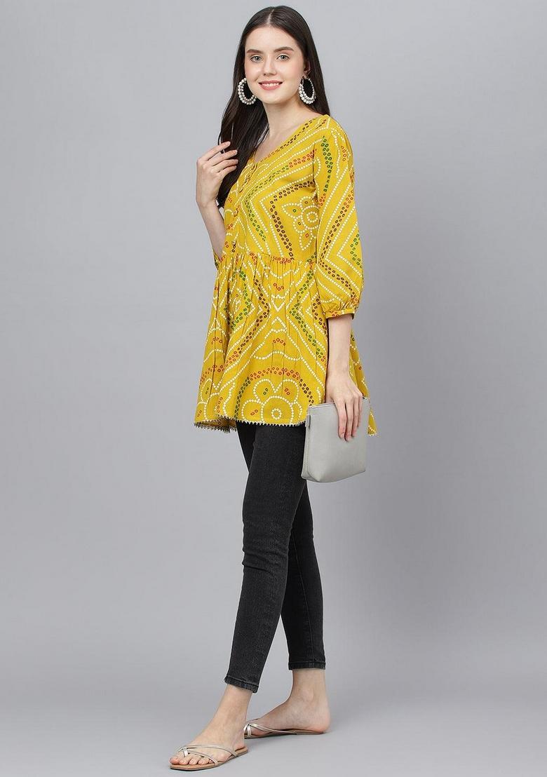 Mustard Â&nbsp;Ethnic Motifs Cotton Top - Indya