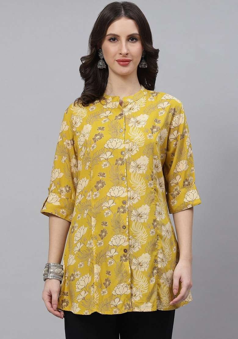 Mustard Floral Print Cotton Kurta - Indya