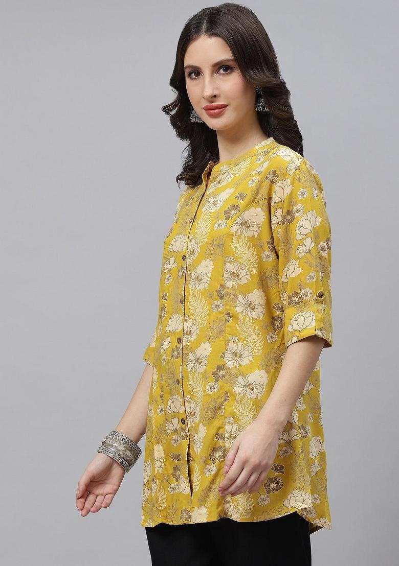Mustard Floral Print Cotton Top - Indya