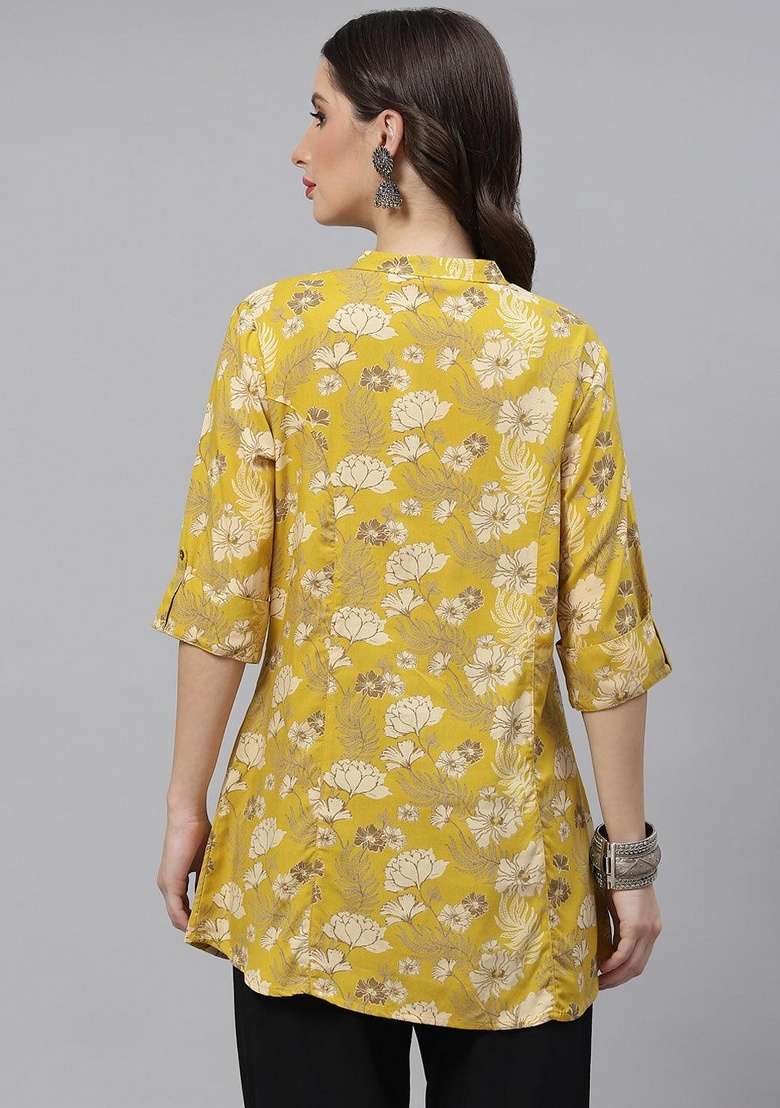 Mustard Floral Print Cotton Kurta - Indya
