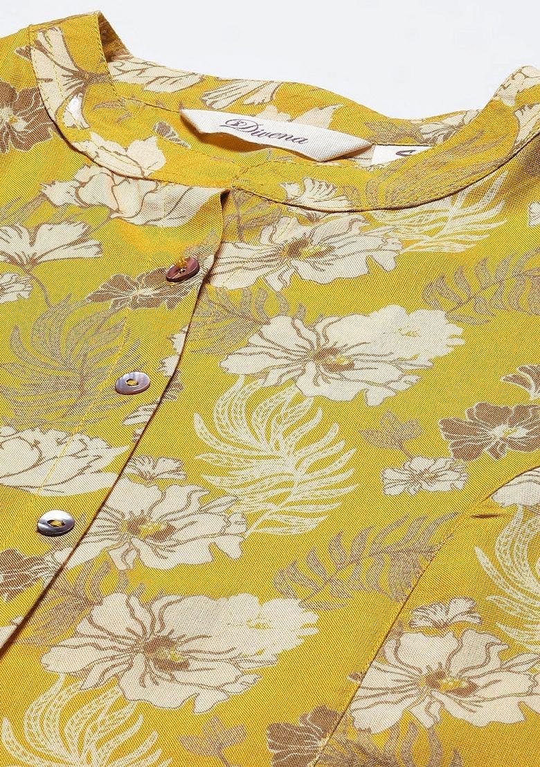 Mustard Floral Print Cotton Top - Indya