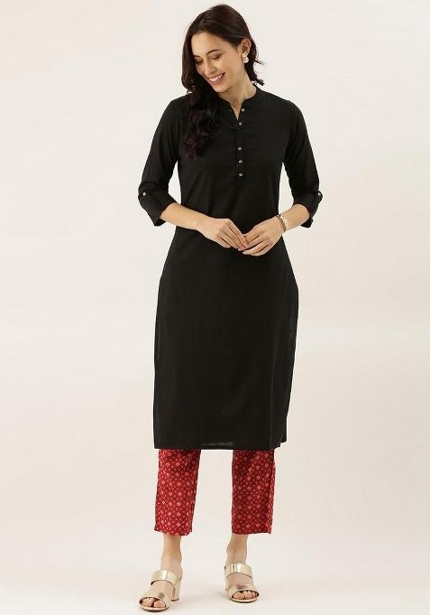 Black Solid Cotton Kurta Set
