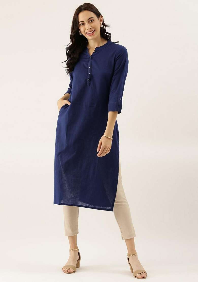 Blue Solid Cotton Kurta Set - Indya