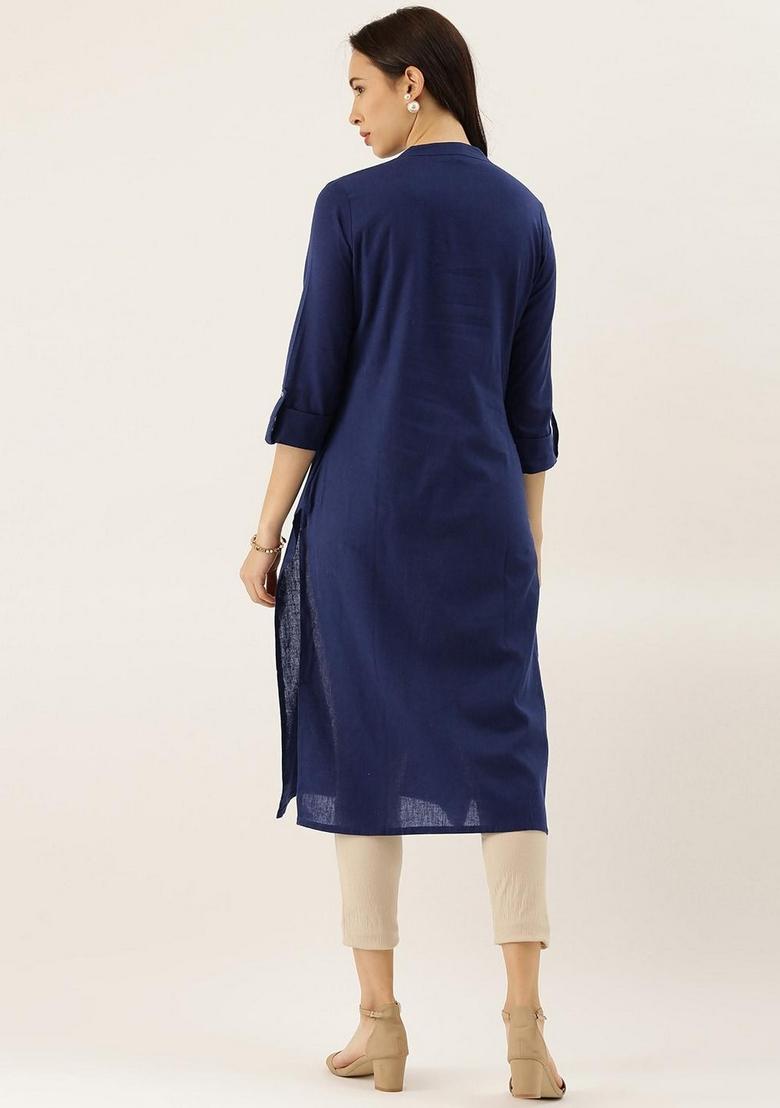 Blue Solid Cotton Kurta Set - Indya