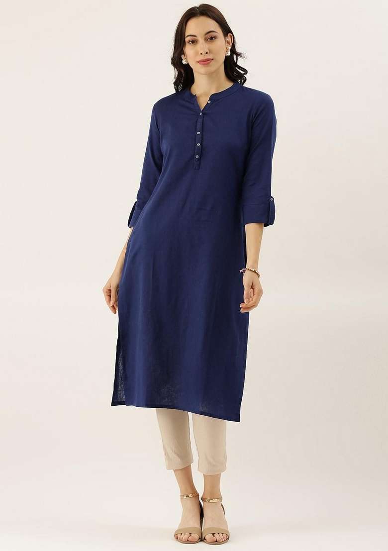 Blue Solid Cotton Kurta Set - Indya